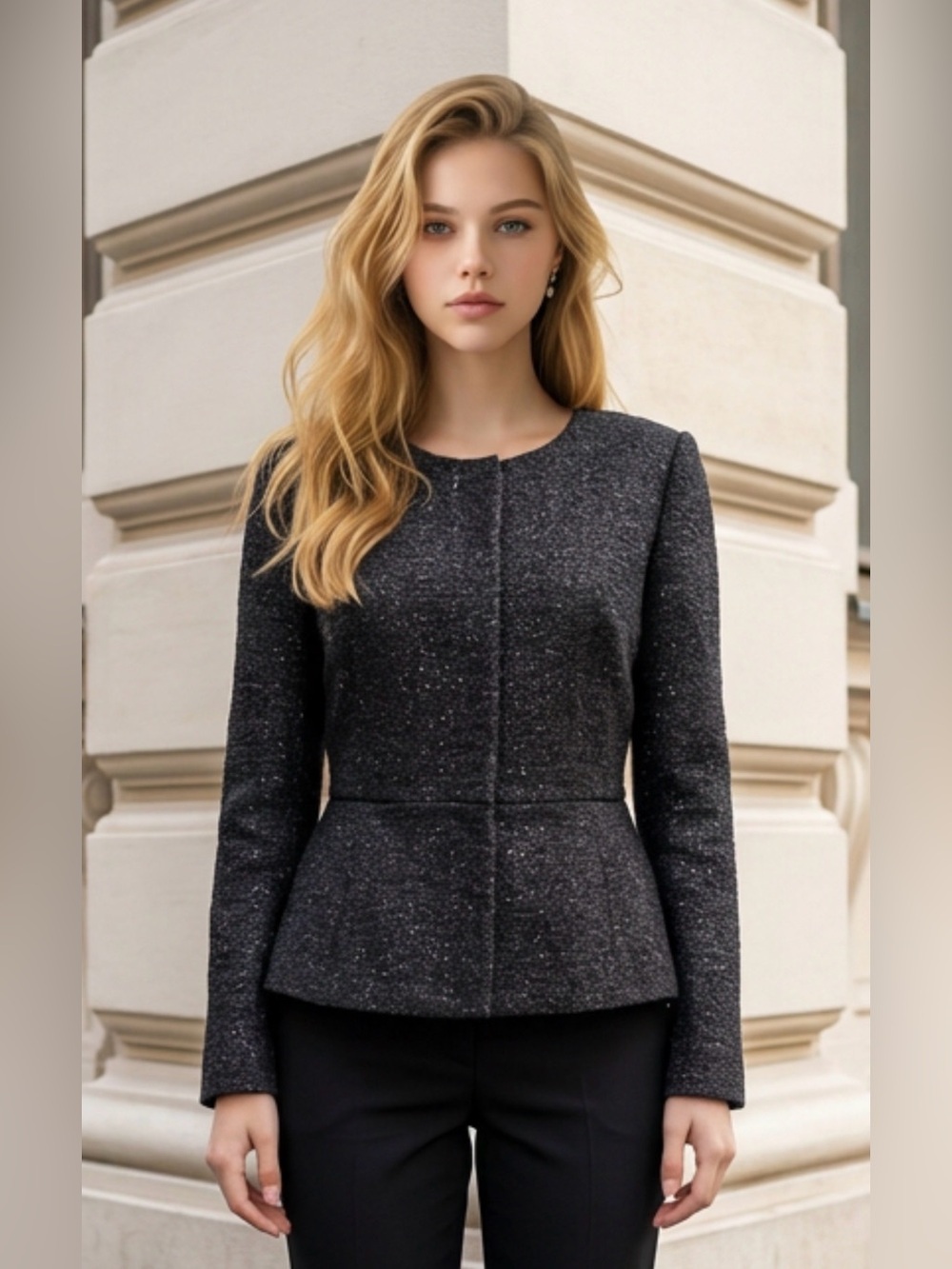Women's Black Tweed Peplum Blazer